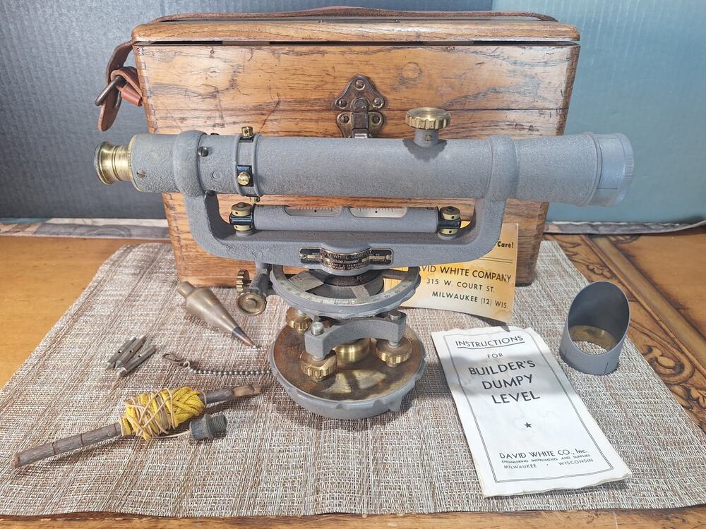 David White Builder’s Dumpy Level Survey Transit w/ Wood Case Manual & Accs.